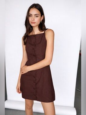 Nicole Miller New York Linen Blend Tailored Mini Dress Brown Size S Button Front